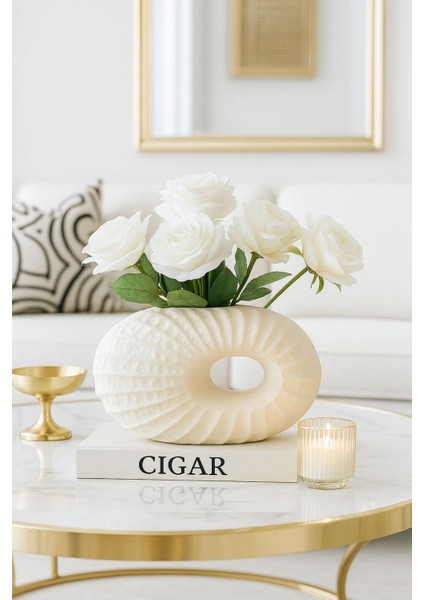 Krem Rengi Deniz Kabuğu Organik Formlu Seramik Modern Dekoratif Vazo 30*20