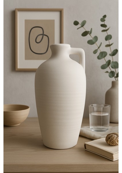 Krem Rengi Dekoratif Xl Boy Testi Doğal Dokulu Iskandinav Sadeliği 32 cm