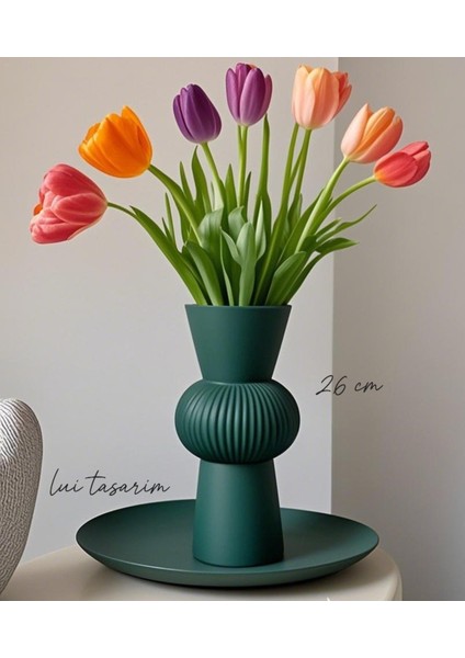Uzun Yeşil Bohem Büyük Boy Seramik Nordic Tarz Şık Sade Iskandinav Tarzı Vazo Seramik 26CM