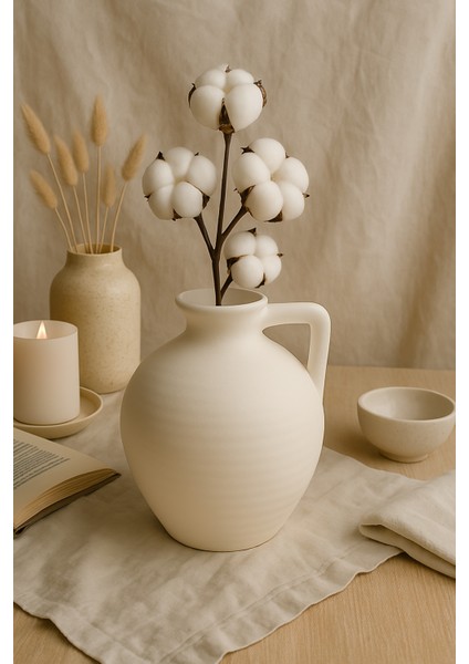 Krem Rengi Dekoratif Midi Boy Testi Doğal Dokulu Iskandinav Sadeliği 18 cm