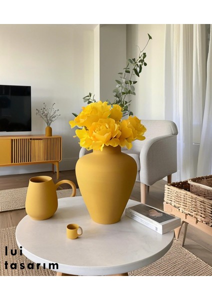 Seramik Vazo Koyu Sarı 27 cm Modern Trend Ahşap Dekorasyon