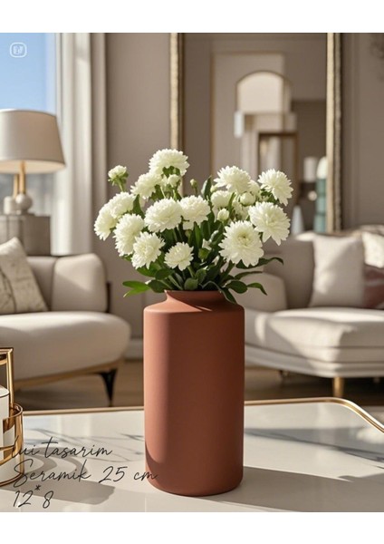 Bohem Tarzı Kremit Renk 25 cm Sade Seramik Iskandinav Bohem Tasarım Otel Ofis Dekorasyon Vazo