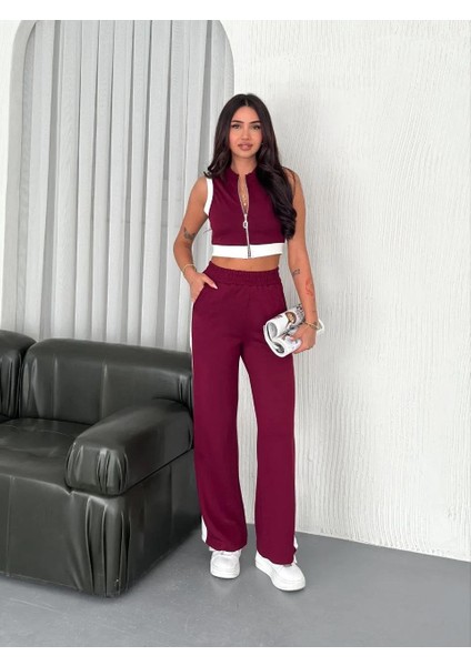 Osy Modal Yumuşak Dokulu Kumaş Tam Fermuarlı Crop Pantalon Ikili Takım - Bordo