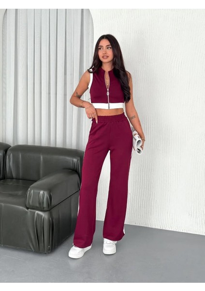 Osy Modal Yumuşak Dokulu Kumaş Tam Fermuarlı Crop Pantalon Ikili Takım - Bordo modelleri