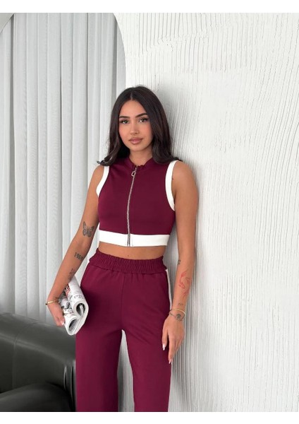 Osy Modal Yumuşak Dokulu Kumaş Tam Fermuarlı Crop Pantalon Ikili Takım - Bordo