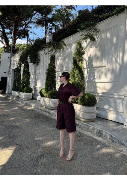 Kadın Yakalı Gömlek Kemerli Şortlu Takım - Bordo