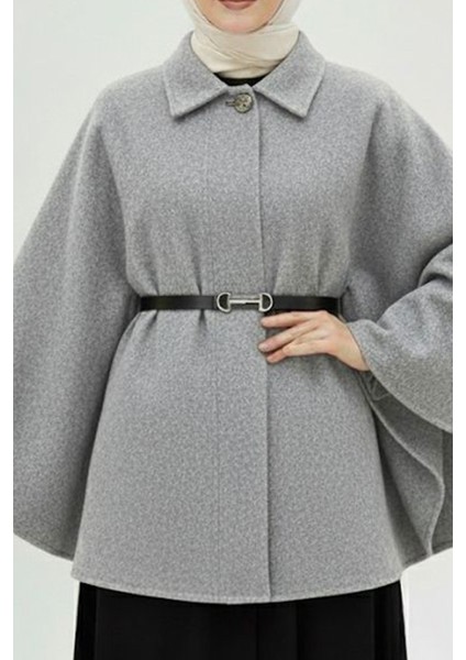 Koyu Gri Kemerli Kaşe Panço