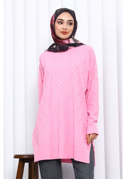 Pembe Bisiklet Yaka Soğuk İplik Triko Tunik