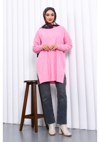 Pembe Bisiklet Yaka Soğuk İplik Triko Tunik fiyatları