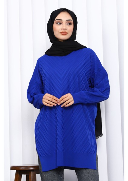 Saks Mavi Bisiklet Yaka Soğuk Iplik Triko Tunik