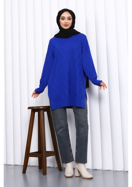 Saks Mavi Bisiklet Yaka Soğuk Iplik Triko Tunik fiyatları