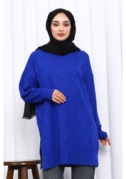 Saks Mavi Bisiklet Yaka Soğuk Iplik Triko Tunik modelleri