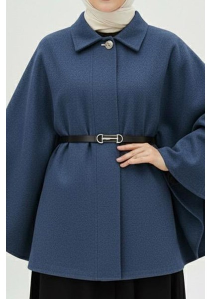 İndigo Kemerli Kaşe Panço