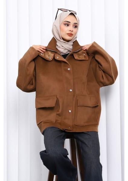 Camel Fermuarlı Astarlı Oversize Kaşe Ceket modelleri