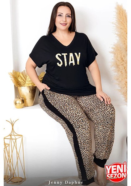 Lady Viskon Kumaş Büyük Beden Leopar Desenli Baskılı Kısa Kollu Uzun Pijama Takımı