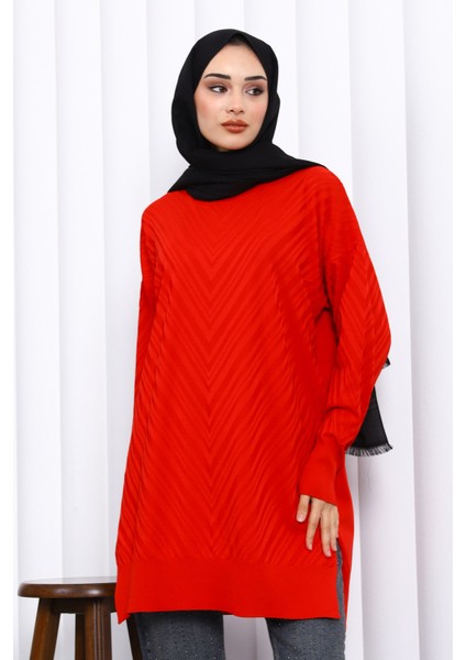 Kırmızı Bisiklet Yaka Soğuk İplik Triko Tunik