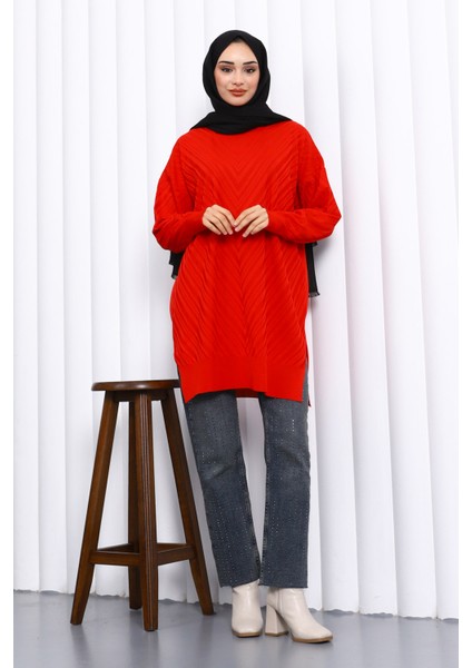 Kırmızı Bisiklet Yaka Soğuk İplik Triko Tunik fiyatları