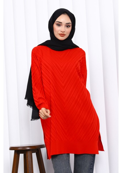 Kırmızı Bisiklet Yaka Soğuk İplik Triko Tunik modelleri