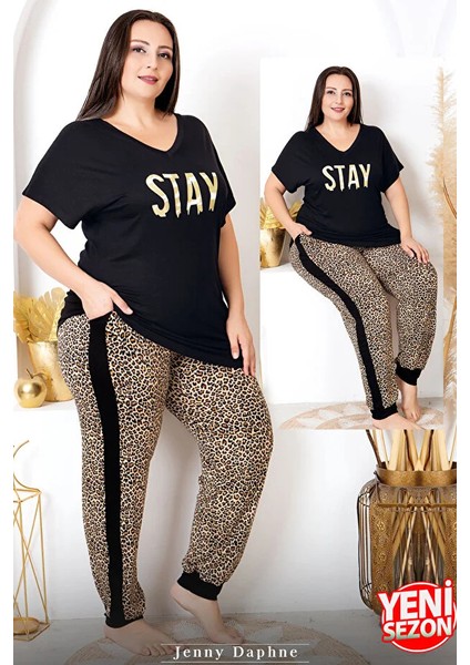 Lady Viskon Kumaş Büyük Beden Leopar Desenli Baskılı Kısa Kollu Uzun Pijama Takımı fiyatları