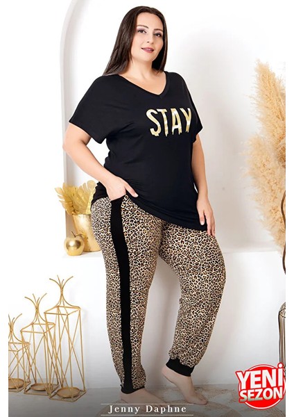 Lady Viskon Kumaş Büyük Beden Leopar Desenli Baskılı Kısa Kollu Uzun Pijama Takımı modelleri
