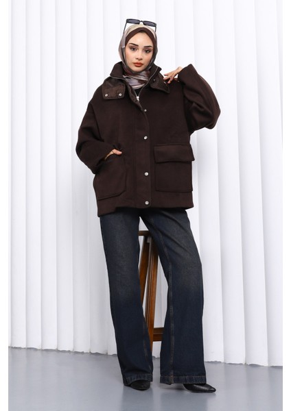Kahverengi Fermuarlı Astarlı Oversize Kaşe Ceket
