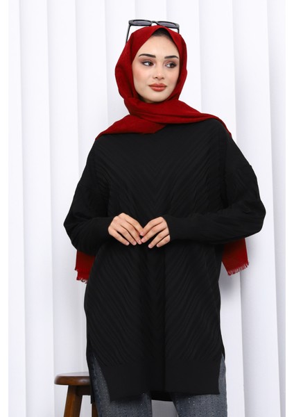 Siyah Bisiklet Yaka Soğuk İplik Triko Tunik modelleri