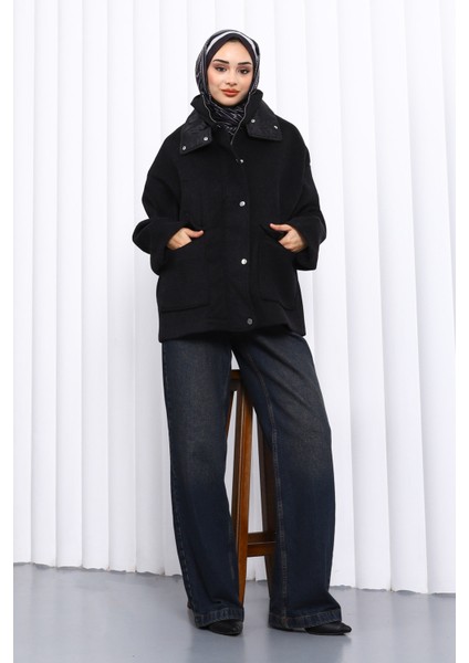 Siyah Fermuarlı Astarlı Oversize Kaşe Ceket
