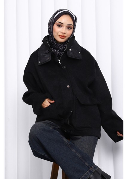 Siyah Fermuarlı Astarlı Oversize Kaşe Ceket fiyatları