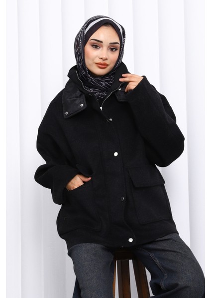 Siyah Fermuarlı Astarlı Oversize Kaşe Ceket modelleri