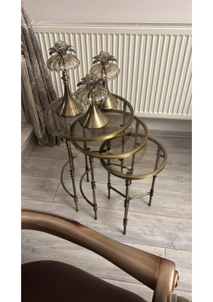 Torna Detaylı 3'lü Pirinç Eskitme Zigon Sehpa