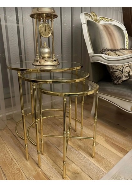 Torna Detaylı 3'lü Pirinç Eskitme Zigon Sehpa