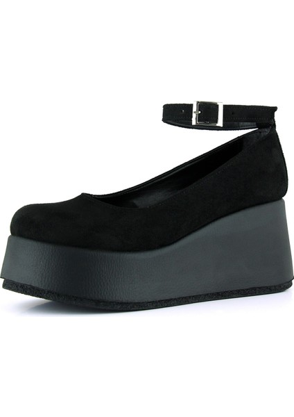 Nevada Siyah Süet Yuvarlak Burun Bantlı Dolgu Topuklu Günlük Ayakkabı