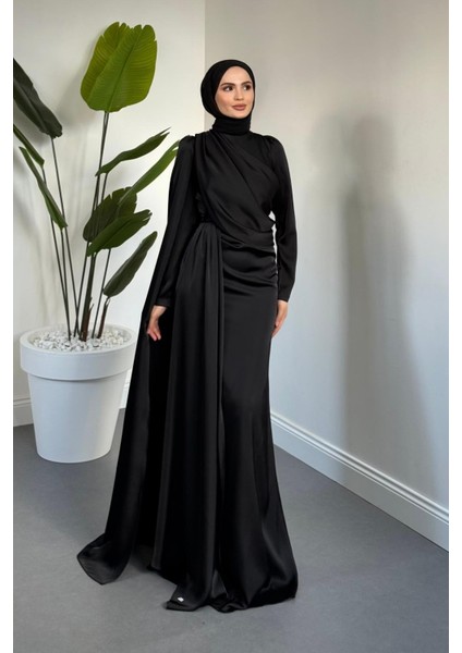 Morley Pelerinli Drapeli Saten Balık Abiye Siyah