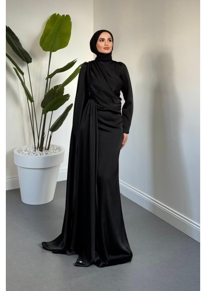 Morley Pelerinli Drapeli Saten Balık Abiye Siyah fiyatları