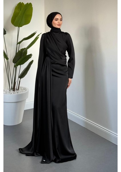 Morley Pelerinli Drapeli Saten Balık Abiye Siyah modelleri