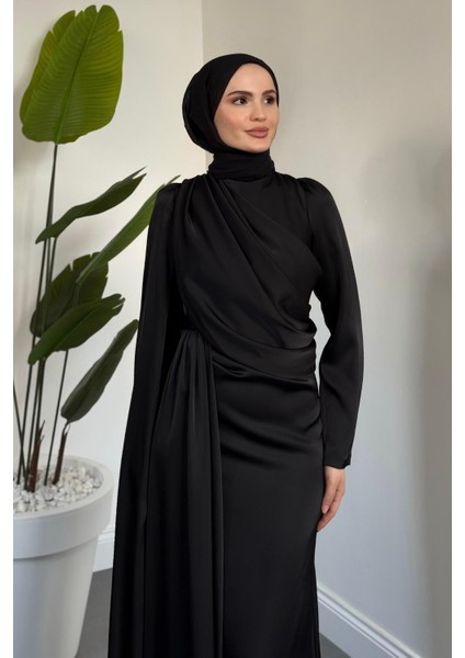 Morley Pelerinli Drapeli Saten Balık Abiye Siyah fırsatları