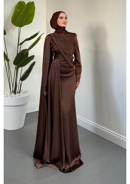 Morley Pelerinli Drapeli Saten Balık Abiye Kahverengi fiyatları