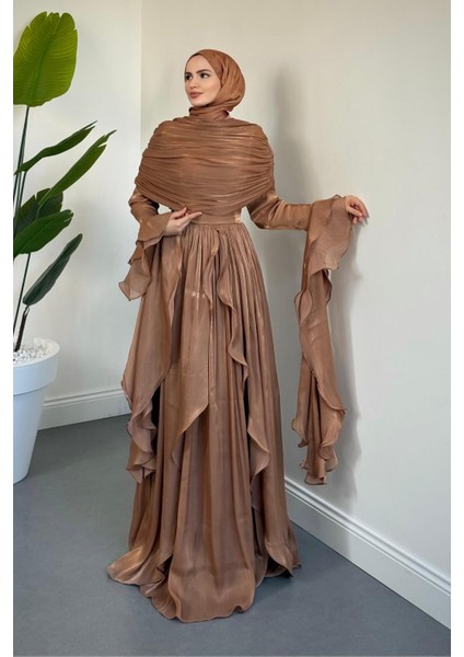 Naruna Pelerinli Fırfırlı Abiye Karamel