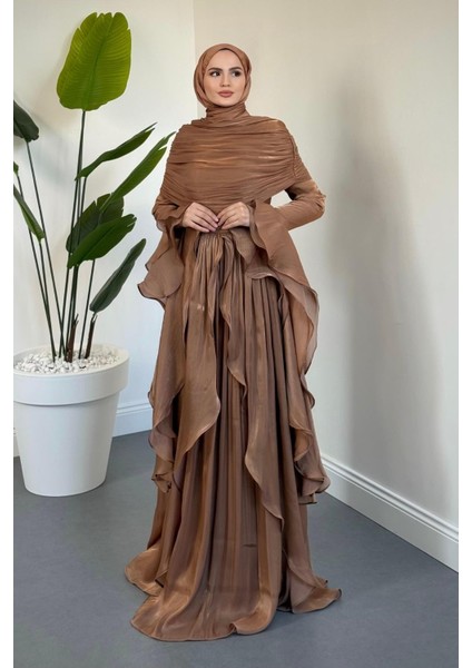 Naruna Pelerinli Fırfırlı Abiye Karamel fiyatları