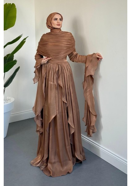 Naruna Pelerinli Fırfırlı Abiye Karamel modelleri