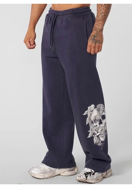 Punıx Büyük Beden Özel Seri Yılanlı Kuru Kafa Baskılı %100 Pamuk Kışlık Bol Düz Paça Kışlık Erkek Eşofman Altı