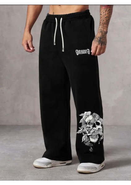 Punıx Büyük Beden Özel Seri Yılanlı Kuru Kafa Baskılı %100 Pamuk Kışlık Bol Düz Paça Kışlık Erkek Eşofman Altı