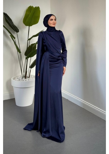 Morley Pelerinli Drapeli Saten Balık Abiye Lacivert