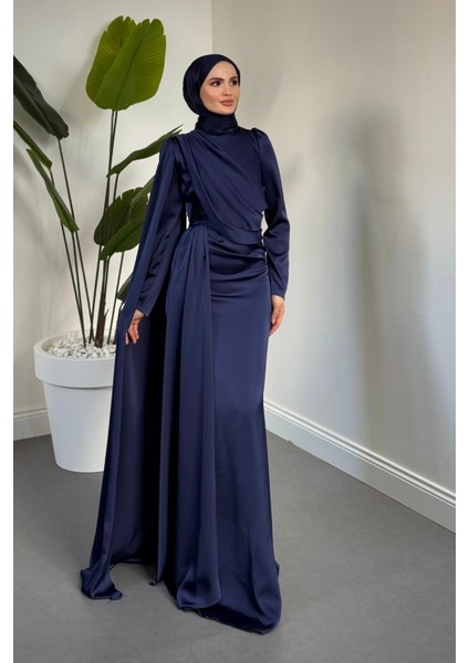 Morley Pelerinli Drapeli Saten Balık Abiye Lacivert fiyatları