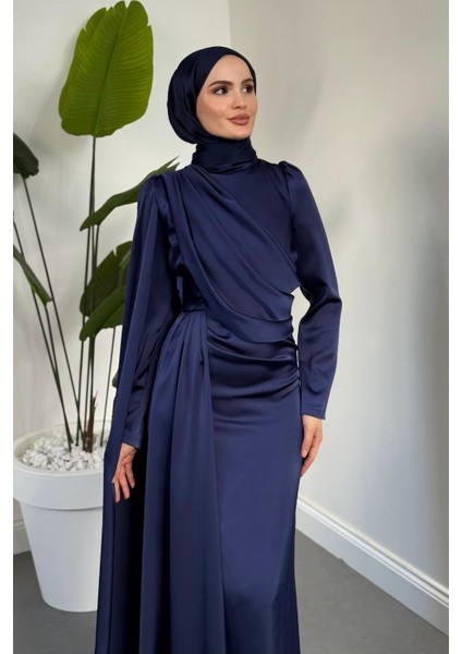 Morley Pelerinli Drapeli Saten Balık Abiye Lacivert modelleri