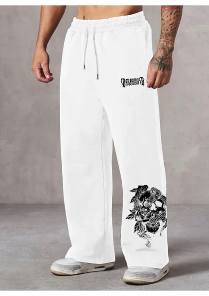 Punıx Büyük Beden Özel Seri Yılanlı Kuru Kafa Baskılı %100 Pamuk Kışlık Bol Düz Paça Kışlık Erkek Eşofman Altı