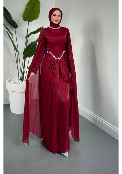 Maelis Beli ve Boynu Taşlı Abiye Bordo
