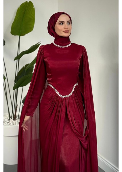 Maelis Beli ve Boynu Taşlı Abiye Bordo modelleri