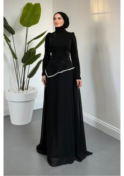 Santa Üstü Taşlı Asimetrik Kesim Abiye Siyah
