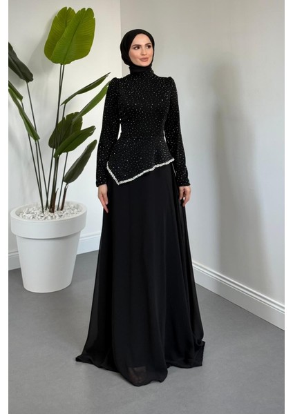 Santa Üstü Taşlı Asimetrik Kesim Abiye Siyah fiyatları